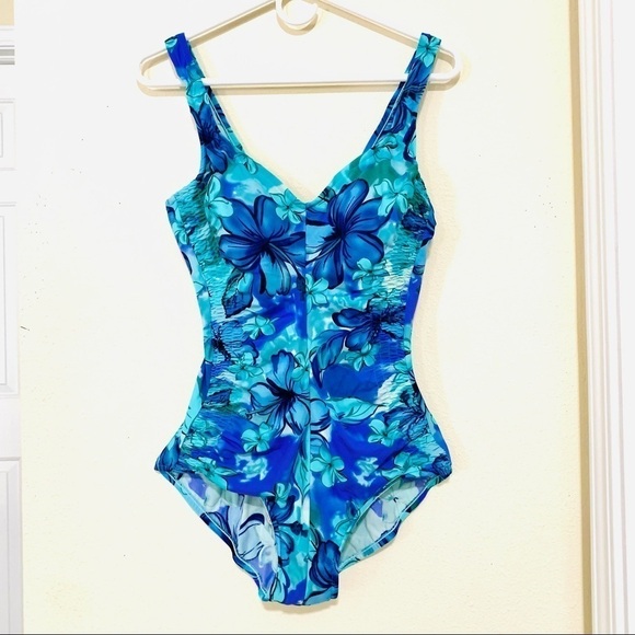 VTG MAXINE One piece blue floral swimsuit women’s size 12 - Picture 1 of 8